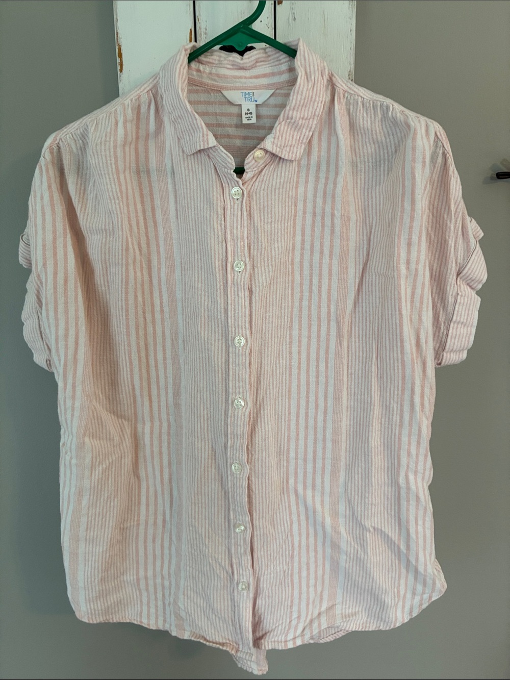Women’s linen blend button down cap sleeve blouse peach/white stripes